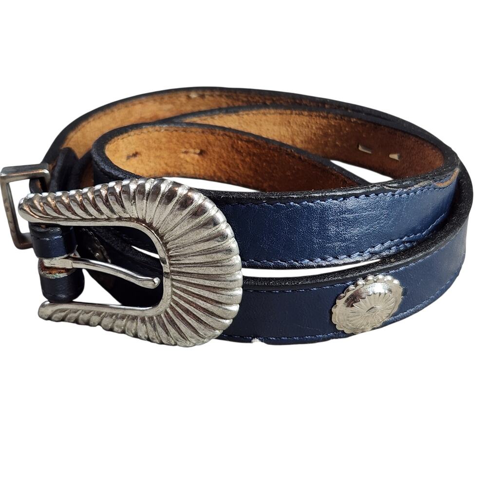 VINTAGE Nocona leather belt blue silver hardware women's size 28